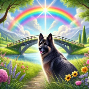 Rainbow with blue skies and clouds arches over a bridge with beautiful blue water running below. A black and tan German Shepherd sits in a field of various flowers. 