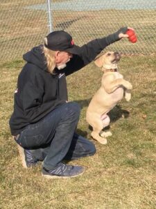 "Staff member socializing puppy at Marsh Run Kennels"