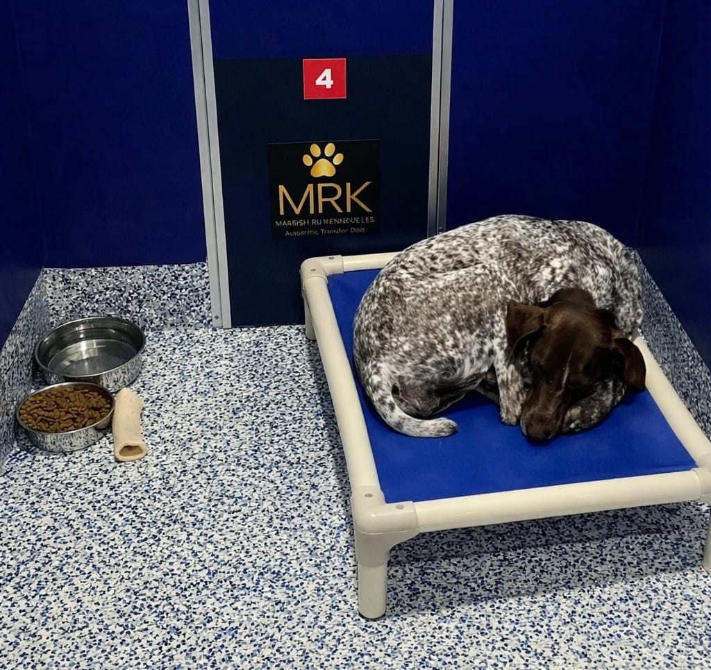 Dog boarding kennel at Marsh Run Kennels with a comfortable raised bed, food and water bowls, and a clean blue indoor run