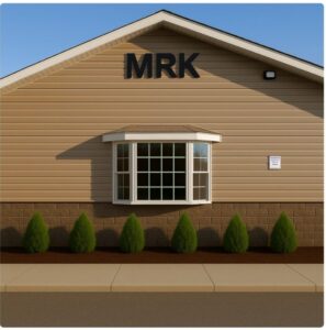 Exterior of Marsh Run Kennels dog boarding facility with MRK signage in Waynesboro PA