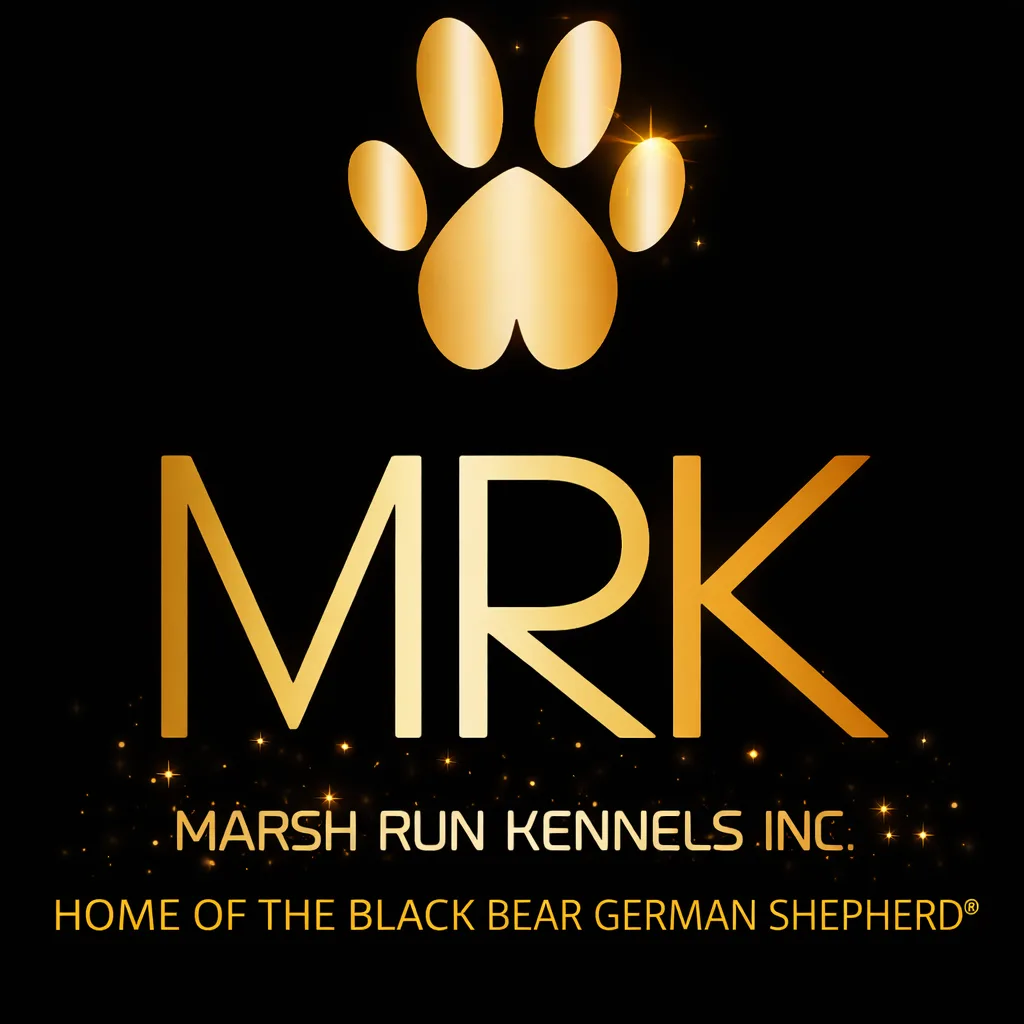Marsh Run Kennels Inc Logo Marsh Run Kennels Inc logo with gold paw print and MRK lettering on black background