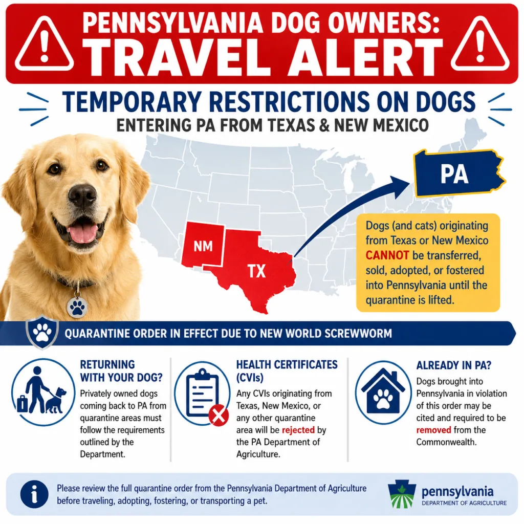 Pennsylvania dog travel alert infographic explaining temporary restrictions on dogs entering Pennsylvania from Texas and New Mexico due to the New World Screwworm quarantine order.