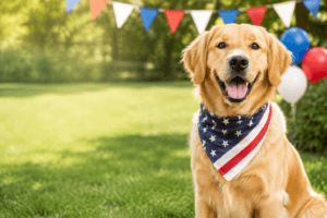 Happy golden retriever wearing a patriotic red, white, and blue bandana for Marsh Run Kennels’ Labor Day special