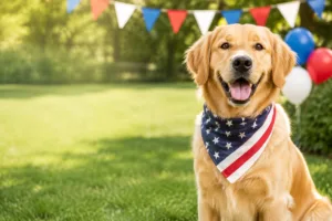 Happy golden retriever wearing a patriotic red, white, and blue bandana for Marsh Run Kennels’ Labor Day special